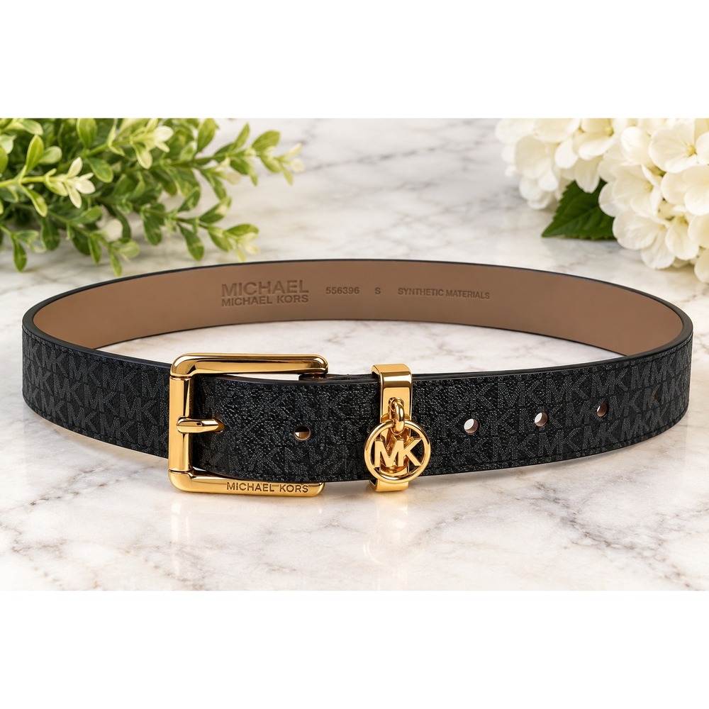 Michael Kors Womens MK Logo Charm Belt Black Gold Small 556396